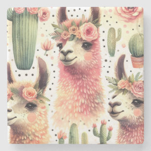 Vintage Cute Llama Watercolor Stone Coaster