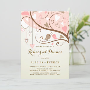 Vintage Cute Lovebirds Pink Rehearsal Dinner Invitation