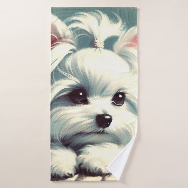 Vintage Cute Maltese Painting Bath Towel (Bath Towel)