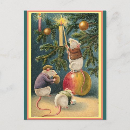 Vintage Cute Mice lighting candles Christmas tree Postcard