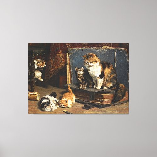 Vintage Cute Orange Black  White Cat With Kittens Canvas Print