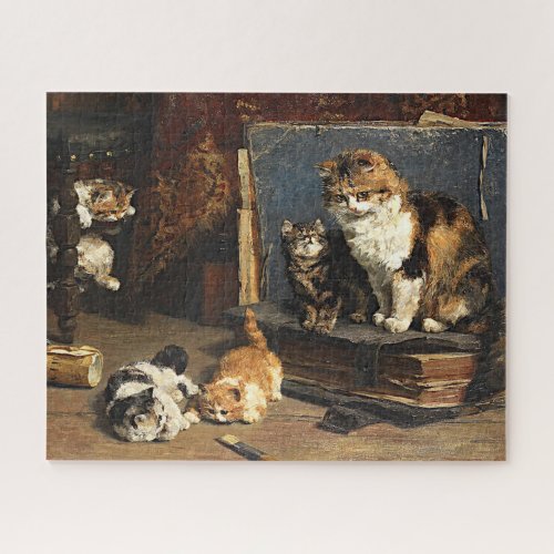 Vintage Cute Orange Black  White Cat With Kittens Jigsaw Puzzle