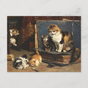 Vintage Cute Orange Black & White Cat With Kittens Postcard