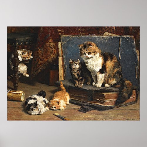 Vintage Cute Orange Black  White Cat With Kittens Poster