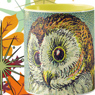 Vintage cute owl illustration brown teal mug