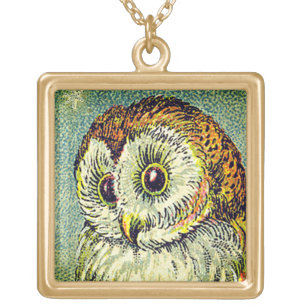 Vintage cute owl illustration brown teal white gold plated necklace