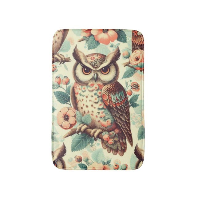 Vintage Cute Owl Pattern Bath Mat (Front Vertical)