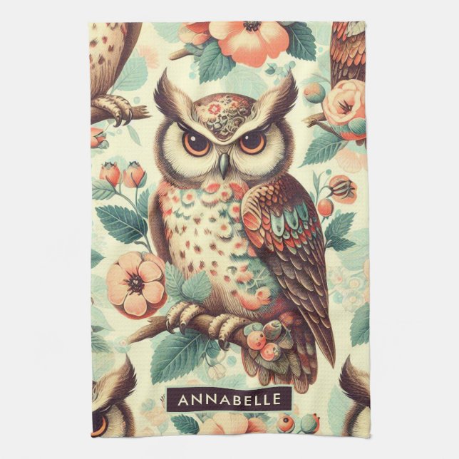 Vintage Cute Owl Pattern Kitchen Towel (Vertical)