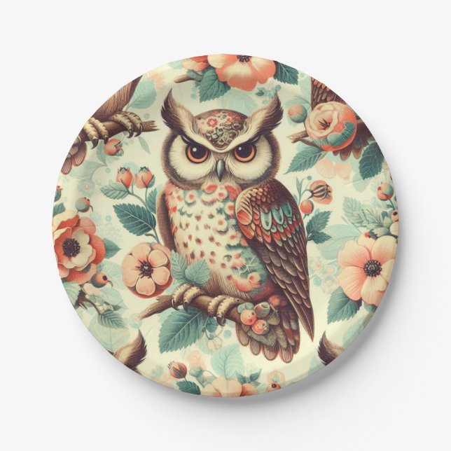 Vintage Cute Owl Pattern Paper Plates (Front)