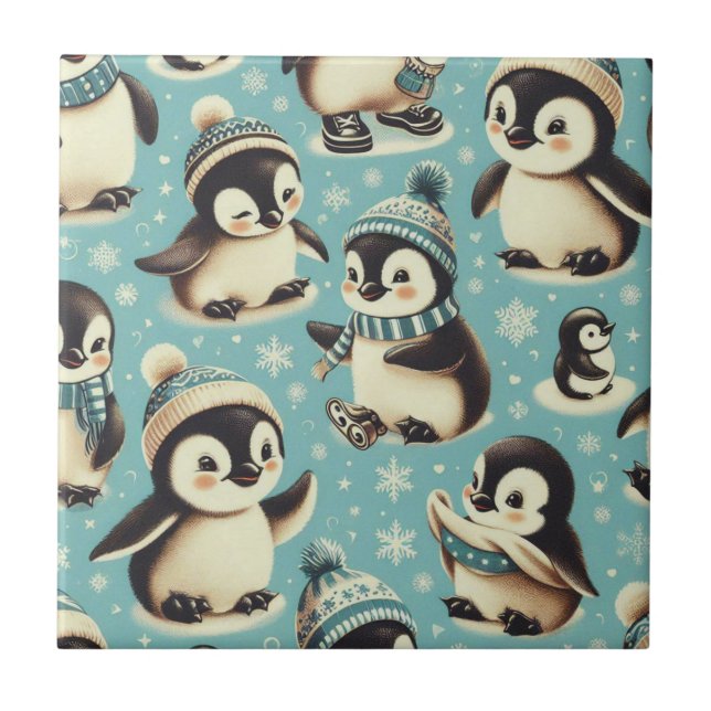 Vintage Cute Penguin Pattern Ceramic Tile (Front)