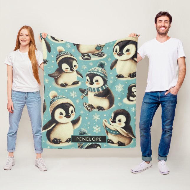 Vintage Cute Penguin Pattern Fleece Blanket (In Situ)