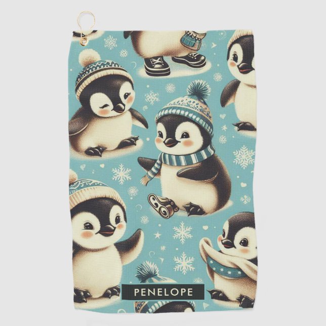 Vintage Cute Penguin Pattern Golf Towel (Front)