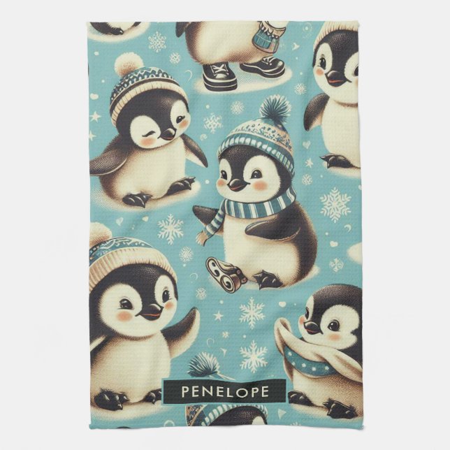 Vintage Cute Penguin Pattern Kitchen Towel (Vertical)