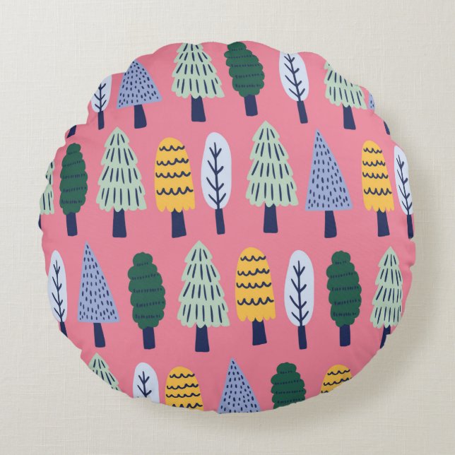 vintage cute pine trees seamless pattern round pillow (Front)