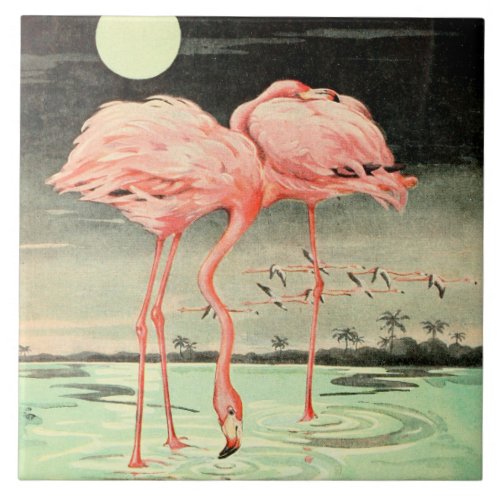 Vintage Cute Pink Bird Flamingo and Moon Ceramic Tile