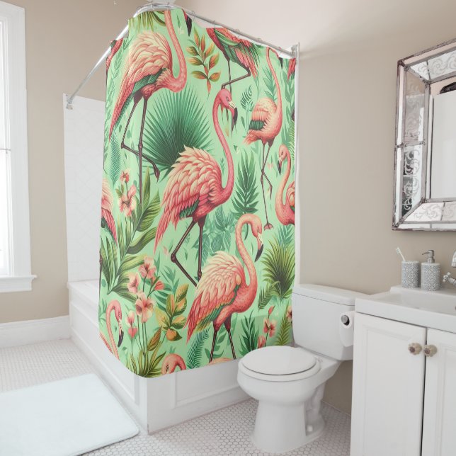 Vintage Cute Pink Flamingos Shower Curtain (In Situ)