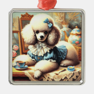 Vintage Cute Poodle Painting Metal Ornament