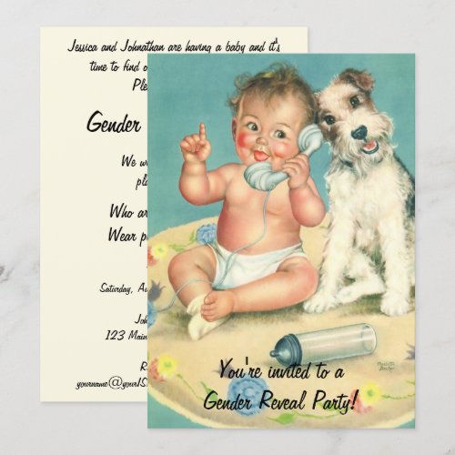 Vintage Gender Reveal Baby Shower Puppy Dog Invite