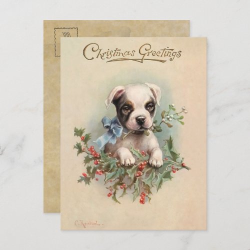 Vintage Cute Puppy Christmas greetings Postcard