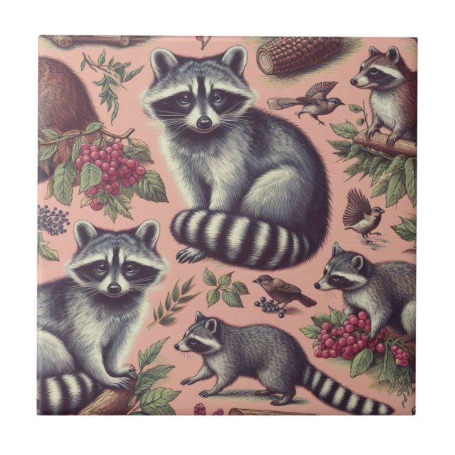 Vintage Cute Racoon Ceramic Tile (Front)