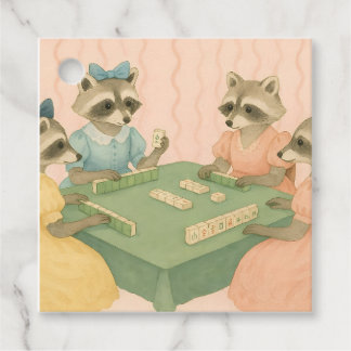 Vintage Cute Racoons Playing Mahjong Favor Tags