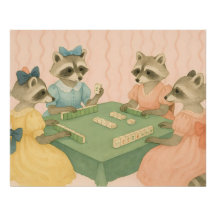 Vintage Cute Racoons Playing Mahjong
