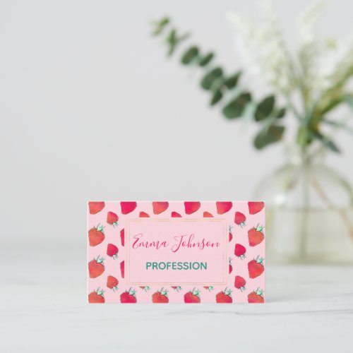 Vintage Cute Red Strawberries Girly Pink Pattern  Business Card