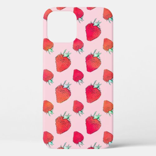 Vintage Cute Red Strawberries Girly Pink Pattern iPhone 12 Pro Case