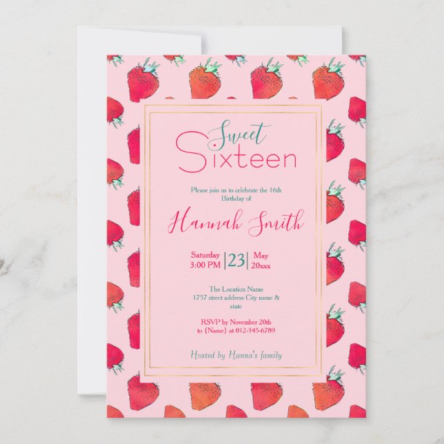 Vintage Cute Red Strawberries Girly Pink Pattern  Invitation (Front)