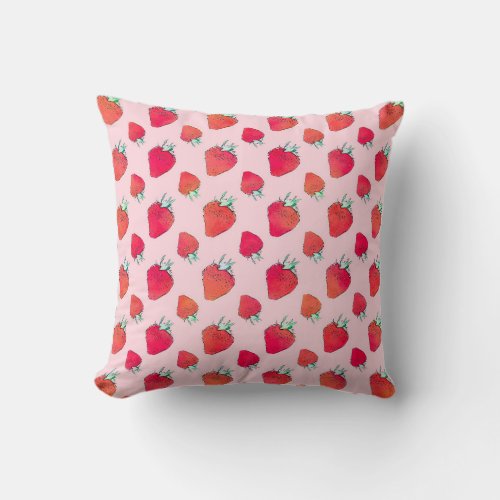 Vintage Cute Red Strawberries Girly Pink Pattern  Throw Pillow