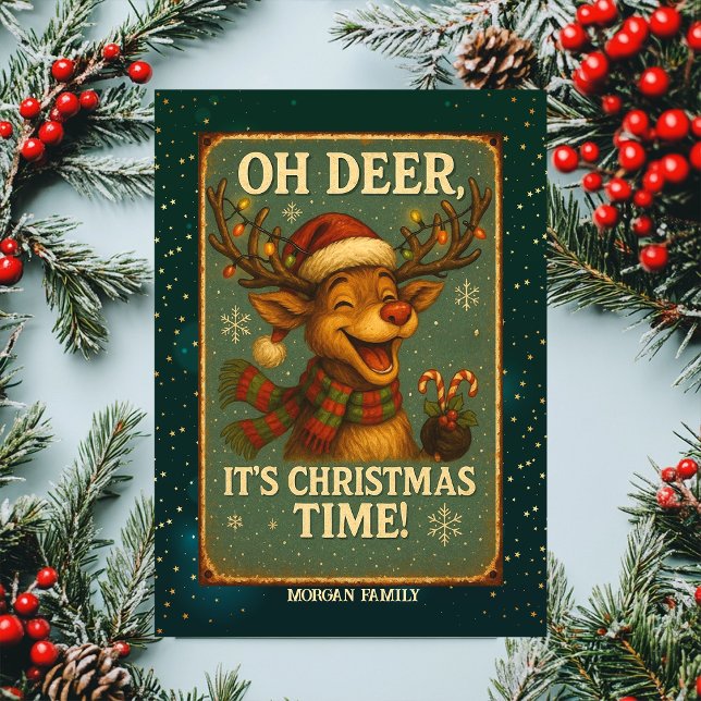 Vintage Cute Reindeer Snowflakes Green Holiday Card (Creator Uploaded)
