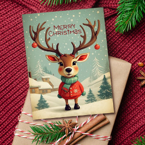 Vintage Cute Retro Baby Reindeer Merry Christmas  Holiday Card