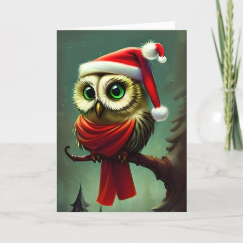 Vintage Cute Santa Owl Christmas Holiday Card