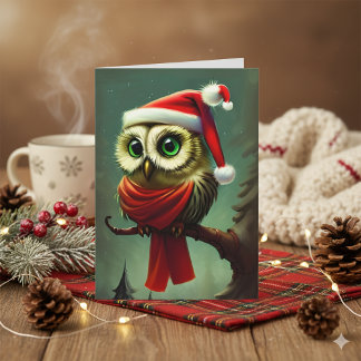 Vintage Cute Santa Owl Christmas Holiday Card