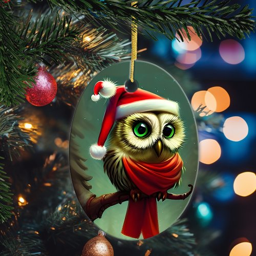 Vintage Cute Santa Owl Christmas Holiday Ceramic Ornament