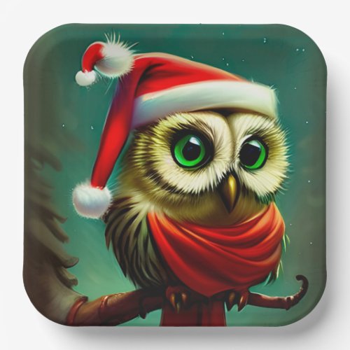Vintage Cute Santa Owl Christmas Holiday Paper Plates