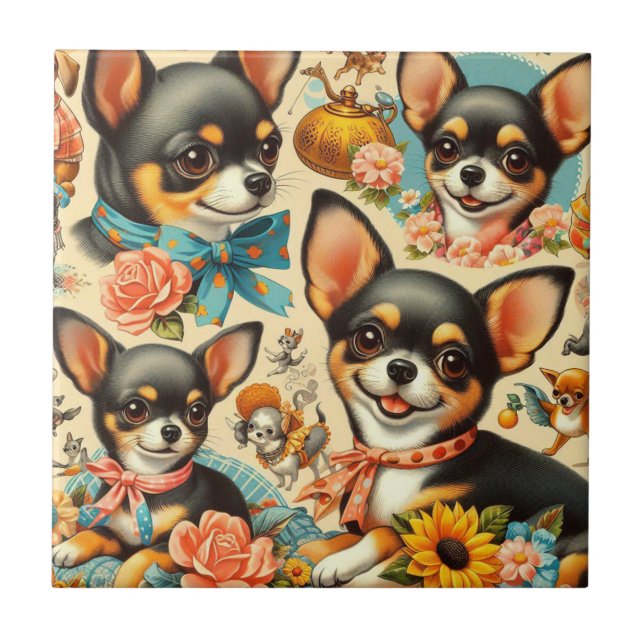 Vintage Cute Seamless Chihuahua  Ceramic Tile (Front)