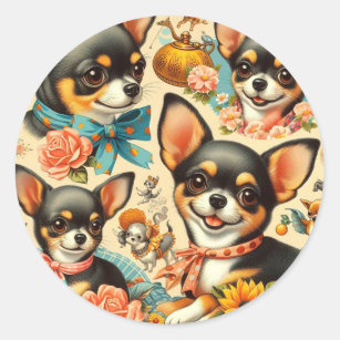 Vintage Cute Seamless Chihuahua  Classic Round Sticker