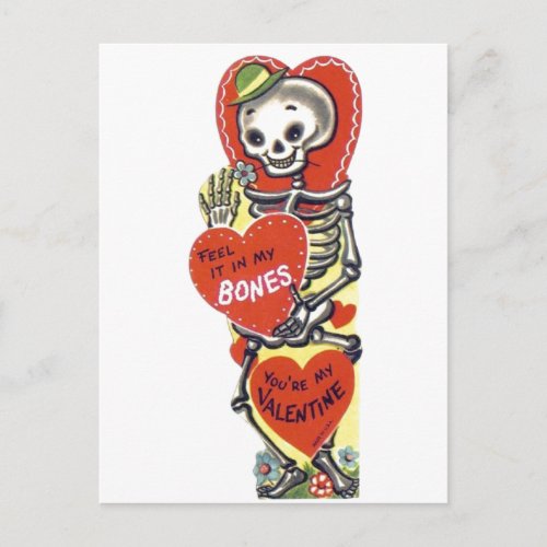 Vintage Cute Skeleton Valentine Postcard