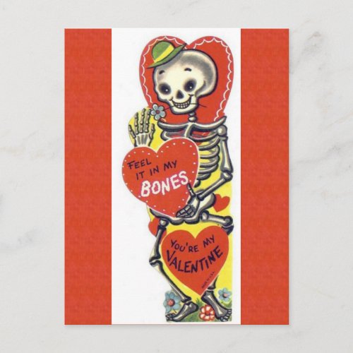Vintage Cute Skeleton Valentine Postcard