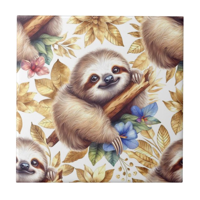 Vintage Cute Sloth Pattern Ceramic Tile (Front)