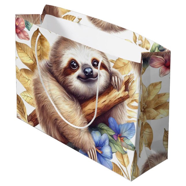 Vintage Cute Sloth Pattern Large Gift Bag (Back Angled)
