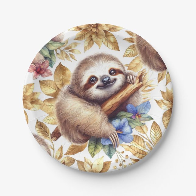 Vintage Cute Sloth Pattern Paper Plates (Front)