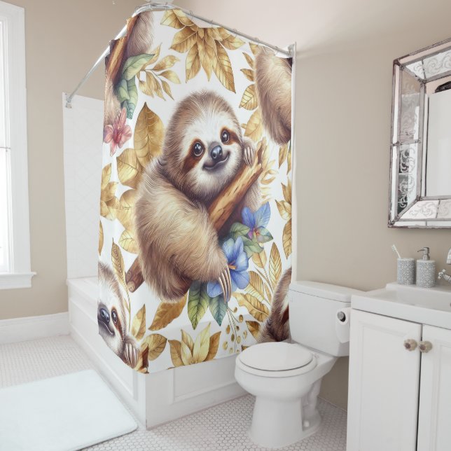 Vintage Cute Sloth Pattern Shower Curtain (In Situ)