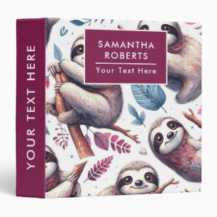 Vintage Cute Sloth Seamless Watercolor 3 Ring Binder