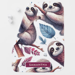 Vintage Cute Sloth Seamless Watercolor Baby Blanket