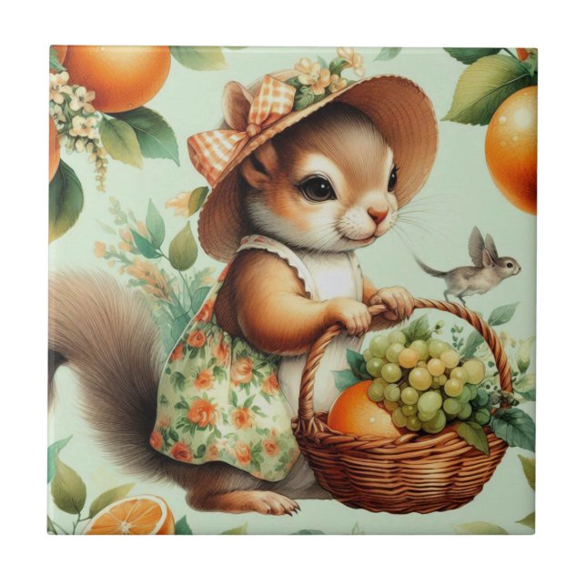 Vintage Cute Squirrel Painting Ceramic Tile (Front)