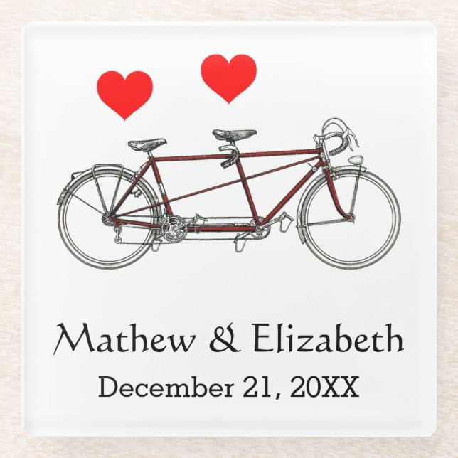 Vintage Cute Tandem Bicycle Custom Wedding Glass Coaster (Front)