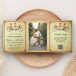 Vintage Cute Tandem Bicycle Photo QR Code Wedding Tri-Fold Invitation
