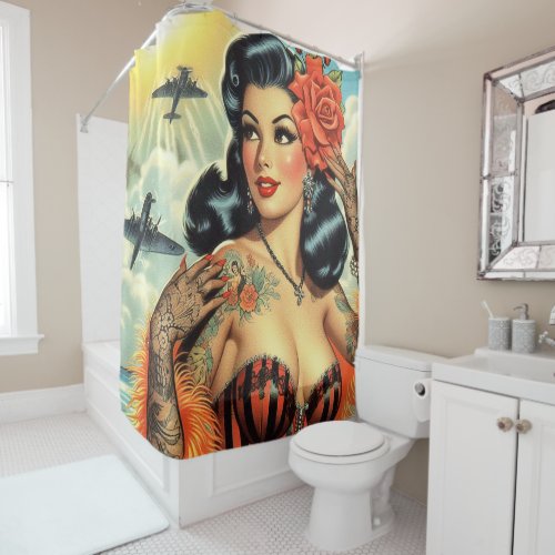 Vintage Cute Tattoo Girl Shower Curtain